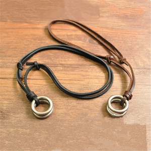 Vintage <span class=keywords><strong>Men</strong></span> 2-Circle <span class=keywords><strong>Rings</strong></span> collana girocollo con ciondolo in corda di pelle regolabile regalo di gioielli - Product Image 2