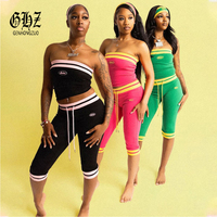 Nouvel Arrivage Ensemble 2 Pièces Femme : Haut Tube Rayé Décontracté et Capri, avec Bandeau Personnalisé, Tenue de Sport et de Détente