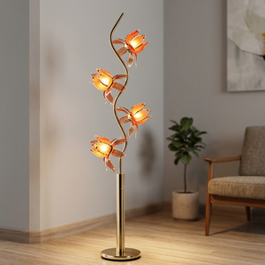 Lampe sur pied moderne à 4 têtes en forme de fleur de lotus, avec poteau en métal doré courbé en forme de S et abat-jour en verre en forme de pétale, pour salon, chambre à coucher - Product Image 2