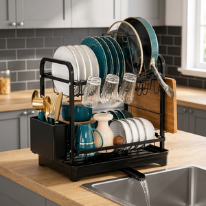 Étagère à vaisselle moderne à double niveau en métal avec porte-couverts et crochets pour tasses pour le rangement de la cuisine - Product Image 1