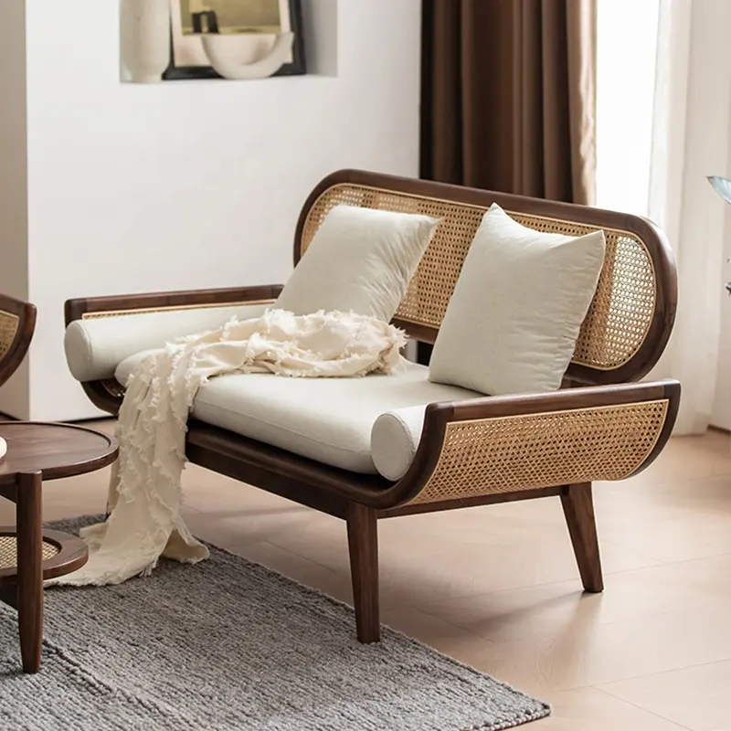 Ghế Sofa Kết Hợp Màu Đen Quả Óc Chó Hiện Đại Đồ Nội Thất Sofa Phòng Khách Bằng Gỗ Cứng Đơn Giản Của Nhật Bản Đồ Nội Thất Sofa Bằng Vải Mây Sang Trọng