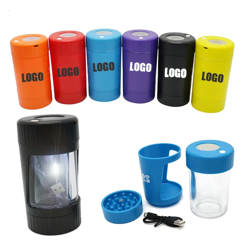 Herb Stash Container Acrylic Jar Rechargeable Storage Bottles Magnifying Magnifier Jar LED Mag Jar with USB Charger