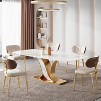 Ensemble de table à manger rectangulaire de luxe en acier inoxydable doré et dessus en pierre pour la maison hôtel meubles de restaurant
