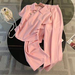 <span class=keywords><strong>Ensemble</strong></span> de sport d'été pour <span class=keywords><strong>femme</strong></span>, couleur unie, nouveau style <span class=keywords><strong>chic</strong></span> occidental, haut à manches courtes, boutons grenouille, taille cintrée, pantalon large, une pièce - Product Image 3