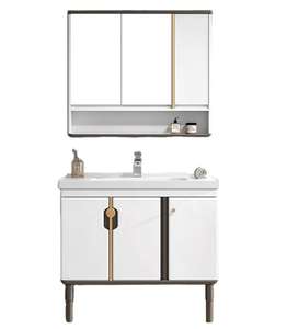 Meuble-lavabo <span class=keywords><strong>de</strong></span> salle <span class=keywords><strong>de</strong></span> bain moderne sur pied en PVC, double <span class=keywords><strong>porte</strong></span>, avec vasque en céramique et armoire miroir, personnalisable pour la vente en gros - Product Image 1