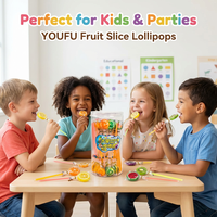Gemengd fruit gesneden cartoon lolly op stokje, ronde plastic bak, individueel verpakt, groothandel, private label snack