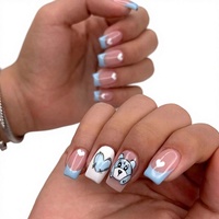 Faux ongles à presser pour femmes, rose nude, carrés, bleu ciel, motif cœur français, motif ours, style Kawaii pour fille douce