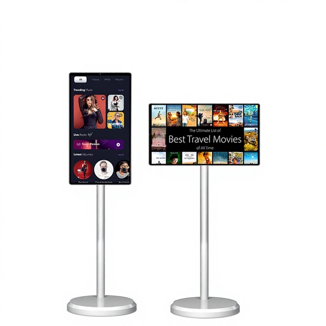 21.5 Inch Mini Smart Android 13 LED TV 4+64GB White Portable Wheels Charging Built-In Battery Interactive Wi-Fi 1080p Wide