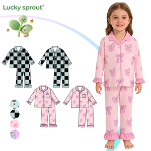 カスタマイズベビーガールパジャマピンクのリボンフリルボタンダウンパジャマセット子供服小さな女の子用寝間着パジャマ - Product Image 1