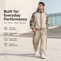 Ensemble de survêtement unisexe camouflage patchwork color block personnalisé par le fabricant, veste coupe-vent zippée et pantalon en polyester pour activités de plein air
