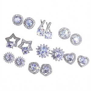 Pendientes de Moda Chapados en Oro Blanco con Gema Azul de Corte Brillante Redondo para Mujer, Joyería de Fiesta, Aleación de Zinc Chapada en Plata - Product Image 1