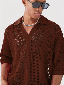 Polo en maille crochetée rouge pour homme, chemise décontractée à manches courtes et col en V ajouré, hauts noirs pour homme, vente en gros - Product Image 5