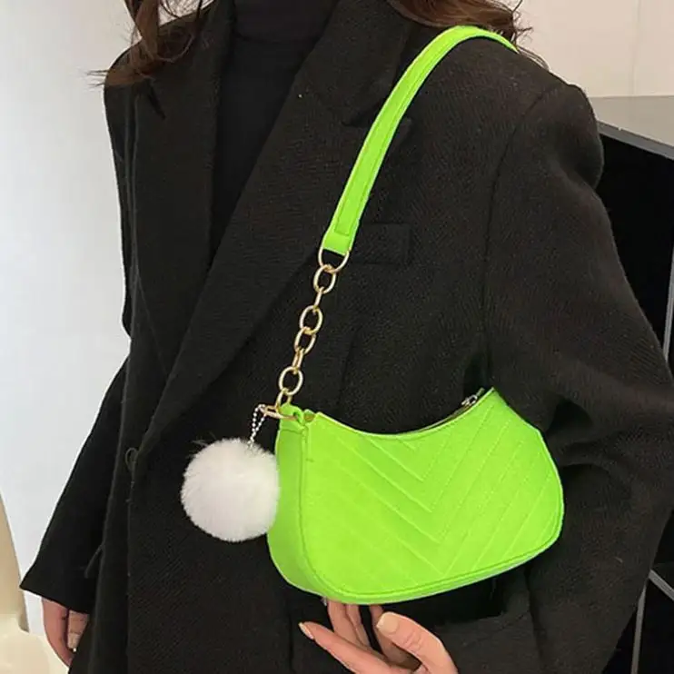 Fashion Solid Color Twill Chain Female Bag Pompon Ladies Shoulder Bag