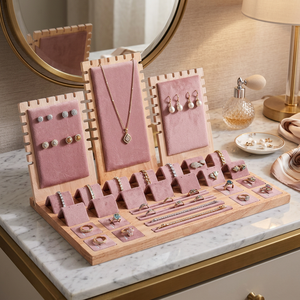 Présentoir de Comptoir Moderne en Bois et Cuir/Daim Noir, Vert, Blanc pour Bijoux et Ornements : Boucles d'Oreilles, Colliers, Bagues - Product Image 6