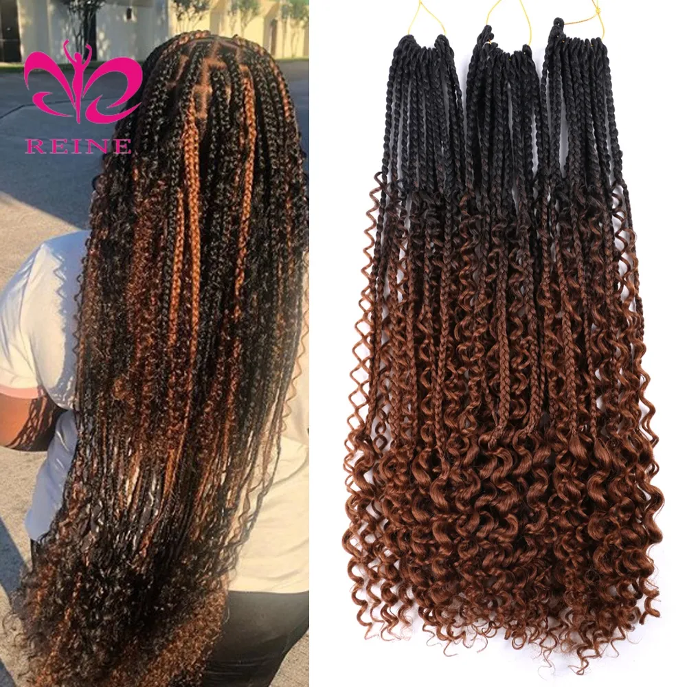 REINE New Styles Bohemian Box Braids With Curls End Black Ombre Brown Synthetic Crochet Hair