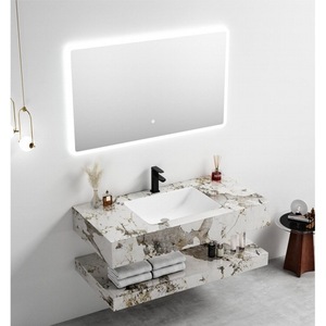 Mueble de Baño CR con Espejo LED, Lavabo de Cerámica de Una Pieza, Gabinete Flotante de Doble Capa, Gris - Product Image 1