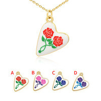 Pendentifs Cœur en Émail Motif Rose Imprimé Plaqué Or Bijoux Fantaisie Colliers