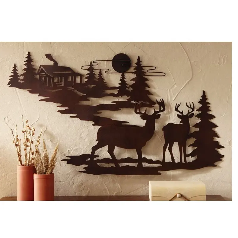 Metal Indoor Outdoor Living Room Bedroom Bathroom Wall Decor Hanging Woodland Cabin Deer Wall Art