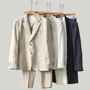 Jaket setelan ukuran besar linen tipis versi Korea, blazer setelan warna polos pria breasted kasual Jepang retro