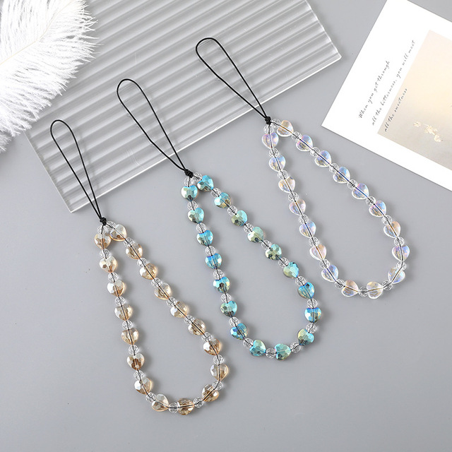 Custom Cheap Gold-plating Heart Charms Chain Lanyard Crystal Beads Mobile Phone Colorful Beaded Mobile Phone Strap Accessory