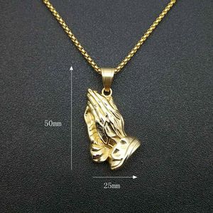 Collier avec pendentif mains en prière plaqué or en acier inoxydable, bijoux de mode unisexe, cadeau - Product Image 2