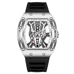 En vrac montre analogique pour hommes squelette montre-bracelet lumineuse cadeau grand cadran de visage montre cool avec bracelet en caoutchouc en gros