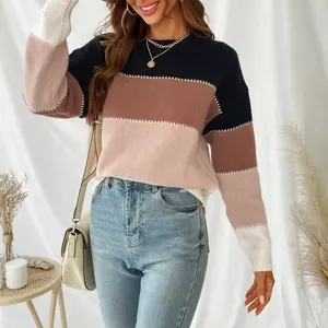 Sweater wanita ukuran besar, sweater lengan panjang wanita, sweater rajut leher crew, blok warna 2023, sweater pullover wanita