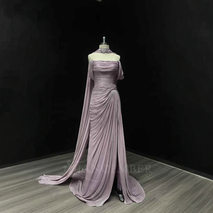 Robe de soirée sirène violette Nt19 à sequins et strass sur les épaules, en mousseline fendue, pour bal de promo, fête, invitée de mariage, événements formels, avec plumes - Product Image 4