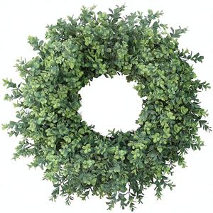 พวงหรีดพลาสติกทรงบ็อกซ์วูดขนาด 24 นิ้ว สไตล์ฟาร์มเฮาส์ สำหรับตกแต่งภายนอกประตูหน้า/หน้าต่าง ใช้ได้ทุกฤดู (สีเขียว จีน) - Product Image 2