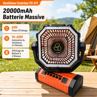 Kipas Angin Luar Ruangan FS X11 Isi Ulang dengan Motor 15W Lampu LED 4 Kecepatan Timer Pengait Daya Tahan Baterai 60 Jam untuk Hiking
