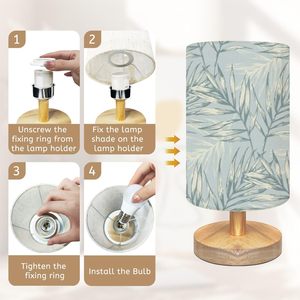 Lámpara LED de mesa pequeña impresa personalizada con patrón de hojas de palma, pantalla de lino sin costuras y Base de madera, decoración sencilla para el hogar MOQ 1 - Product Image 4