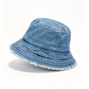 Chapeau Bob en Jean Délavé 100% Coton Unisexe à Bord Brut Effiloché Large Bord Style Vintage Vieilli Protection UV Extérieur - Product Image 2