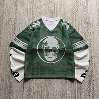 T-shirt à manches longues en jersey 100 % coton épais, coupe ample col en V, avec imprimé et design en maille, style streetwear décontracté
