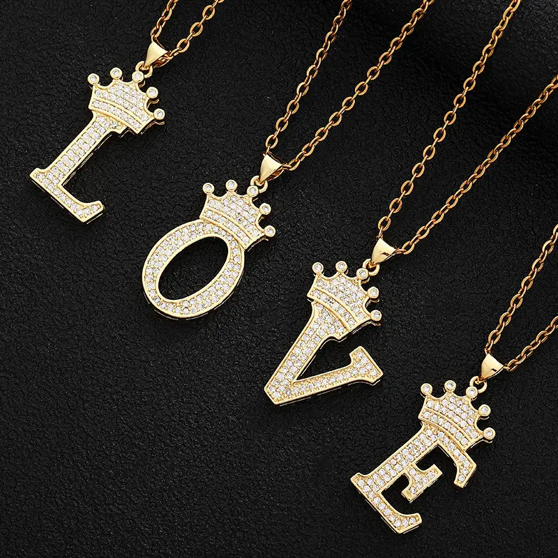 Nueva moda letras de la A LA Z colgante de cadena de letras largas iniciales con collar de corona de circón