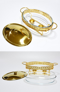 Plato Ovalado de Vidrio Resistente a las Manchas, con Tapa y Marco Dorado de Lujo, <span class=keywords><strong>Cazuela</strong></span> Transparente de 3 Litros, para Diversos Menús, Servicio Festivo - Product Image 4