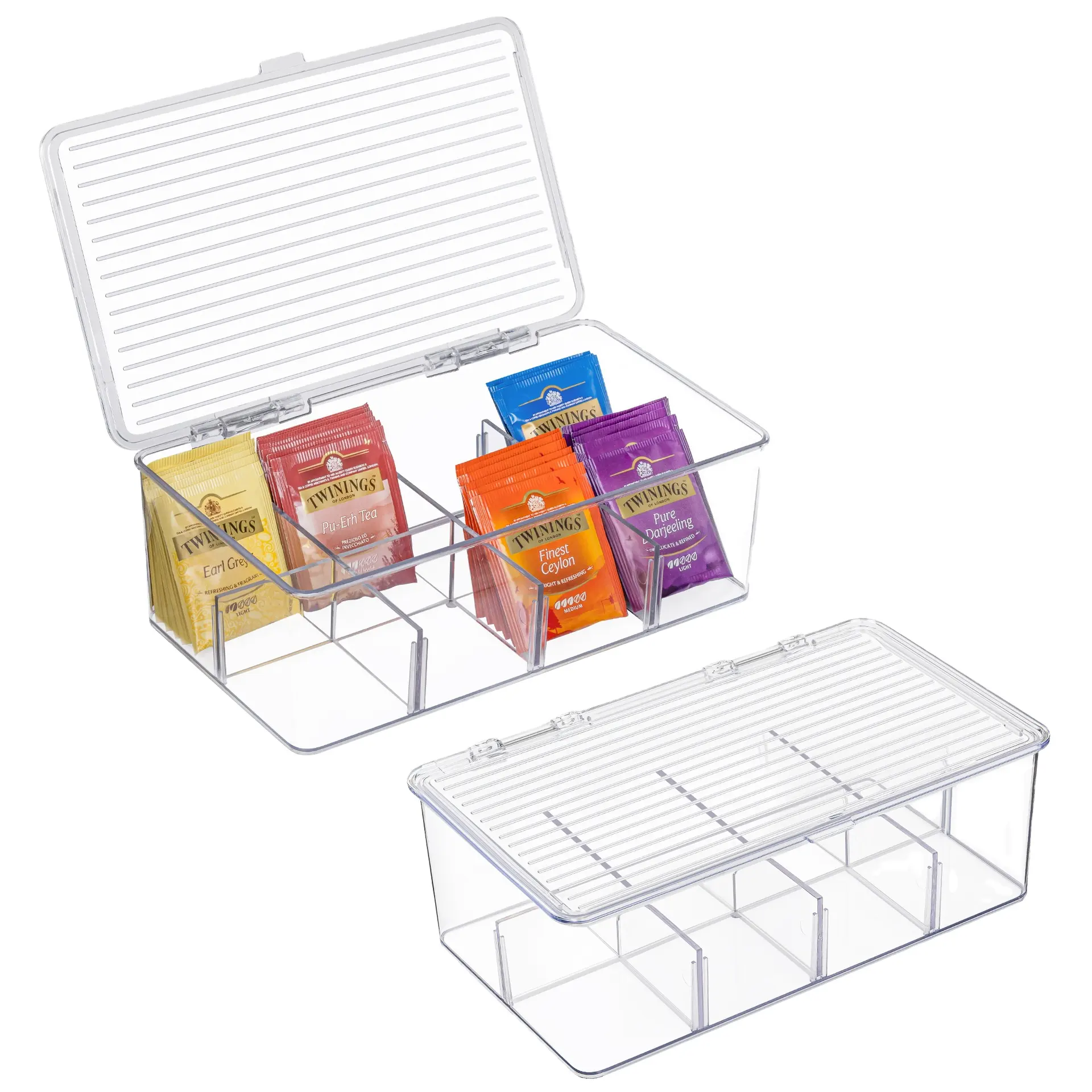 Caja de almacenamiento transparente para bolsas de té, organizador de 8 cuadrículas para mascotas, contenedor de nevera con tapa para almacenamiento de café, azúcar y té