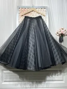 Black White And Gray Stitching Lace Skirt Mid Length Pettiskirt Slimming Heavy Work Gauze Skirt Elastic Waist