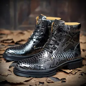 Sepatu bot kulit ular untuk pria, sepatu bot mewah kasual leher tinggi bertali, sepatu bot musim dingin trendi bahan kulit buaya