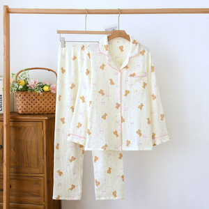 Conjunto <span class=keywords><strong>de</strong></span> <span class=keywords><strong>Pijama</strong></span> <span class=keywords><strong>de</strong></span> Algodón para Mujer, con Botones, Estampado <span class=keywords><strong>de</strong></span> Osito <span class=keywords><strong>de</strong></span> Peluche, Ribete en Contraste, Suave y Transpirable, Ropa <span class=keywords><strong>de</strong></span> Dormir, Venta al Por Mayor - Product Image 4