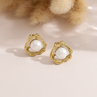 Boucles d'oreilles en acier inoxydable plaqué or 18 carats avec perles pour femme, monture carrée irrégulière, style vintage, délicates, cadeau de fête, vente en gros, OEM