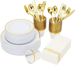 700 Piece Gold Dinnerware Set-200 Plastic Plates- 300 Gold Plastic tableware set-100 Gold Plastic Cups-100 Disposable Hand Towel