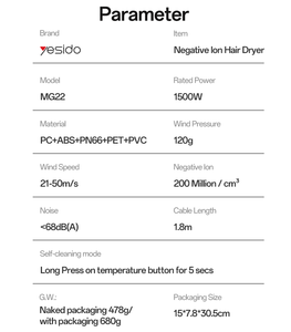 Sèche-cheveux Yesido Negative Lon 100000RPM à 3 niveaux de chaleur avec fonction de sortie d'air inversée, moteur sans balais MG22 - Product Image 5