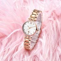 Montre à quartz de luxe pour femmes, verre en cristal, bracelet en acier inoxydable, cadran à aiguilles, affichage de la date, chiffres romains, fermoir papillon