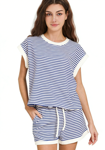 Ensemble deux pièces rayé d'été personnalisé pour <span class=keywords><strong>femme</strong></span> : haut à manches courtes et col rond, <span class=keywords><strong>short</strong></span> à taille élastiquée – Fabricant - Product Image 6
