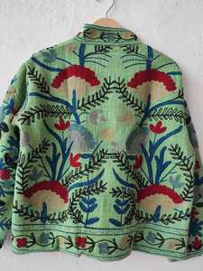 เสื้อแจ็คเก็ตปักลายซูซานีสีเขียวทำมือ ผ้ากำมะหยี่สไตล์อินเดียโบโฮสำหรับผู้หญิง - Product Image 4