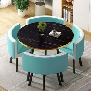 Table ronde moderne en MDF <span class=keywords><strong>de</strong></span> 25 mm, ensemble <span class=keywords><strong>de</strong></span> table à <span class=keywords><strong>manger</strong></span> <span class=keywords><strong>pas</strong></span> <span class=keywords><strong>cher</strong></span>, 1 table et <span class=keywords><strong>4</strong></span> chaises, base en métal pour boutique, centre commercial, maison, bar, hôtel, bureau - Product Image 3