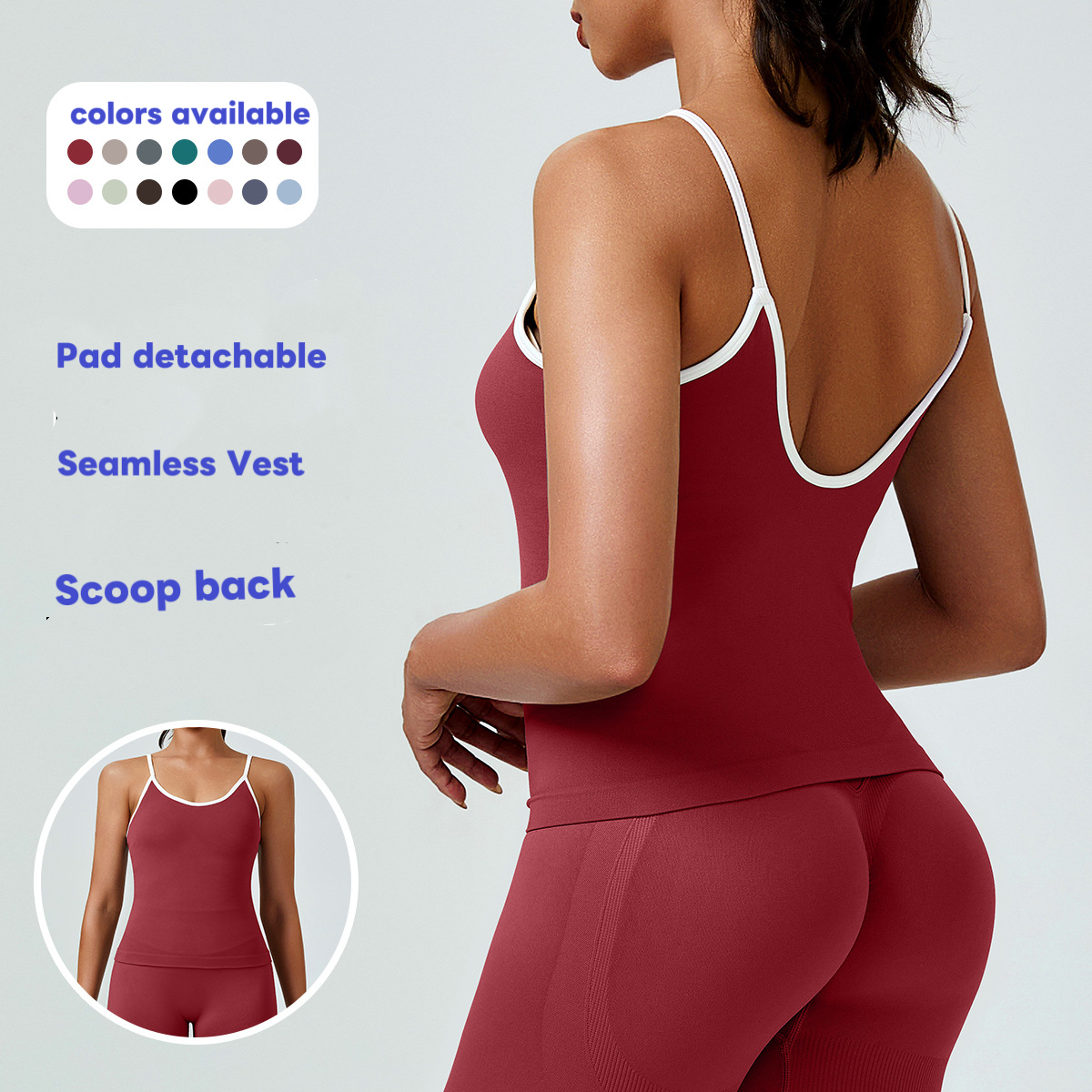 Women's Sportswear Seamless Contrast Color Thin String Deep Scoop Back Body Fit Yoga Outdoor Vest Tank Top Ropa Deportiva Mujer