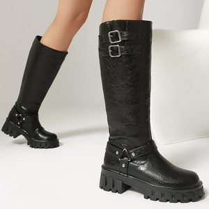 Wholesale Women Low Square <b>Heels</b> Long Knight Boots <b>Round</b> <b>Toe</b> Knee High Booties Metal Belt Buckles Ladies Thick Sole Shoes - Product Image 4