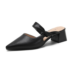 Premium Elegant Women's Bow Knot Heeled Sandals Pointed <b>Toe</b> Mid Heel Slingback Mules for Formal Occasions - Product Image 2