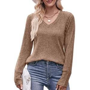 2023 otoño nueva moda Simple Top Ground Wool Pit Strip cuello en V Color sólido mujeres cómoda Camiseta de manga larga - Product Image 5